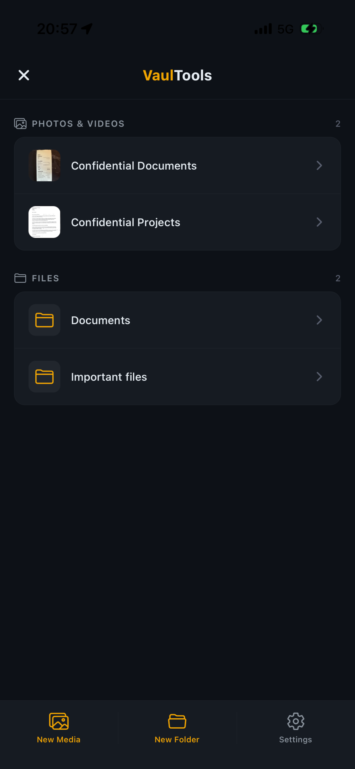 Vaultools vault home screen with albums and folders